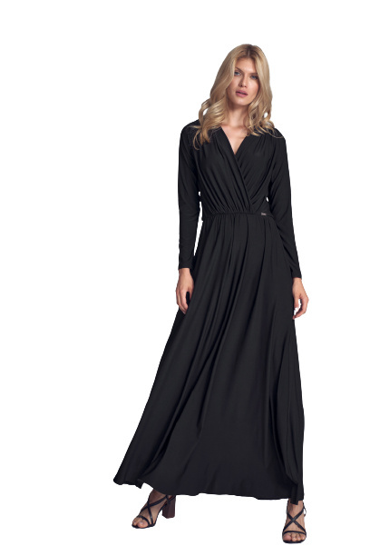 Sukienka Maxi - Z Długim Rękawem I Dekoltem V - czarna